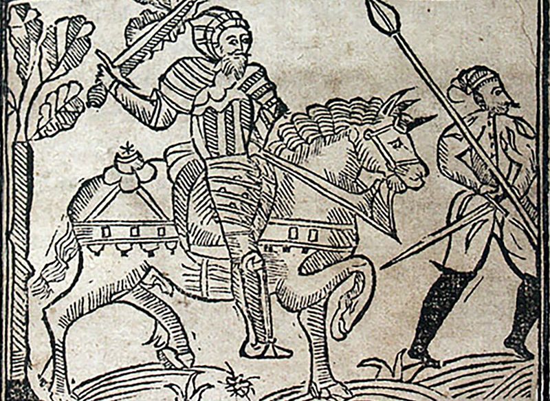 Fragmento de la página de El ingenioso Hidalgo Don Qvixote de la Mancha. Compuesto por Miguel de Cervantes Saavedra, Em Lisboa. Impreso com lisença do Santo Officio por Iorge Rodriguez Anno de 1605